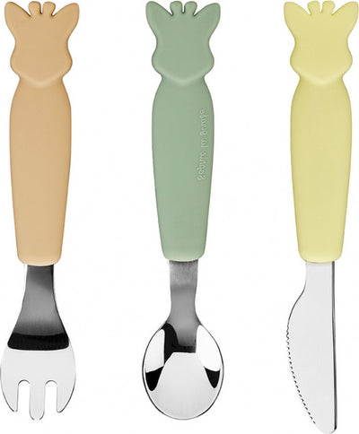 Set posate per bebè Sophie la giraffa - posate per bambini - coltello, forchetta, cucchiaio - lavabili in lavastoviglie - manico in silicone - da 6 mesi - 3 pezzi
