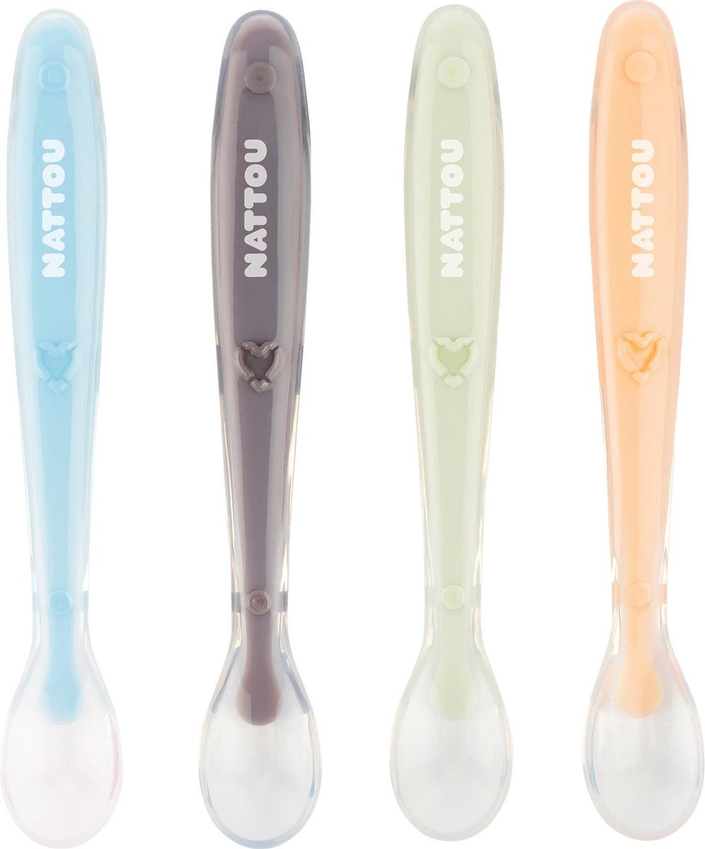 Cucharas de silicona para niños Nattou - 4 piezas - largo: 16 cm cada una - con caja de transporte para 1 cuchara - Sin BPA