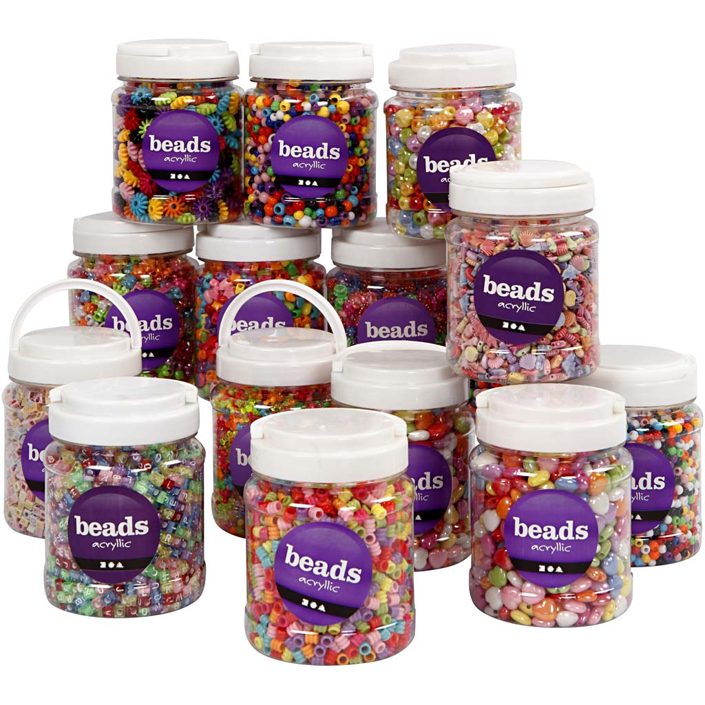 Perline in plastica Creativ company, misura 6-15 mm, misura buco 1,5-6 mm, vari colori, 16x700 ml 1 scatola
