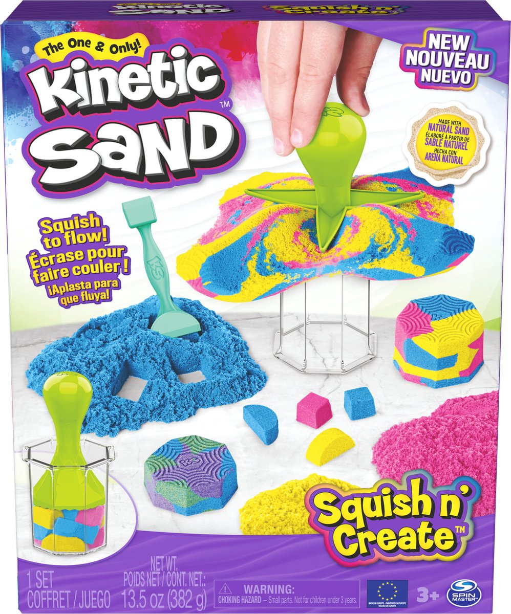 Arena cinética - squish n' create con 382 g azul amarillo y rosa original y 5 herramientas - juguetes sensoriales