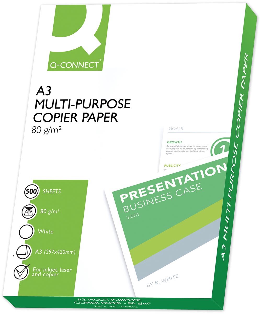 Papel de copia Q-connect, a3, 80 g, 1 caja con 5 paquetes de 500 hojas, blanco