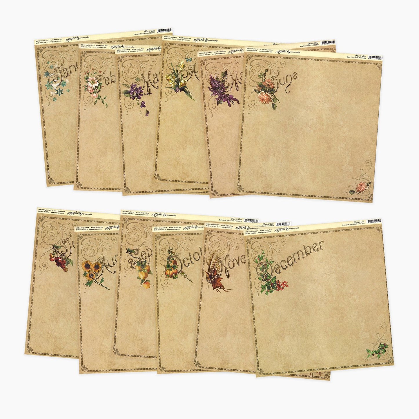 Graphic45 • surtido de papel scrapbook calendario 30,5x30,5cm 12uds