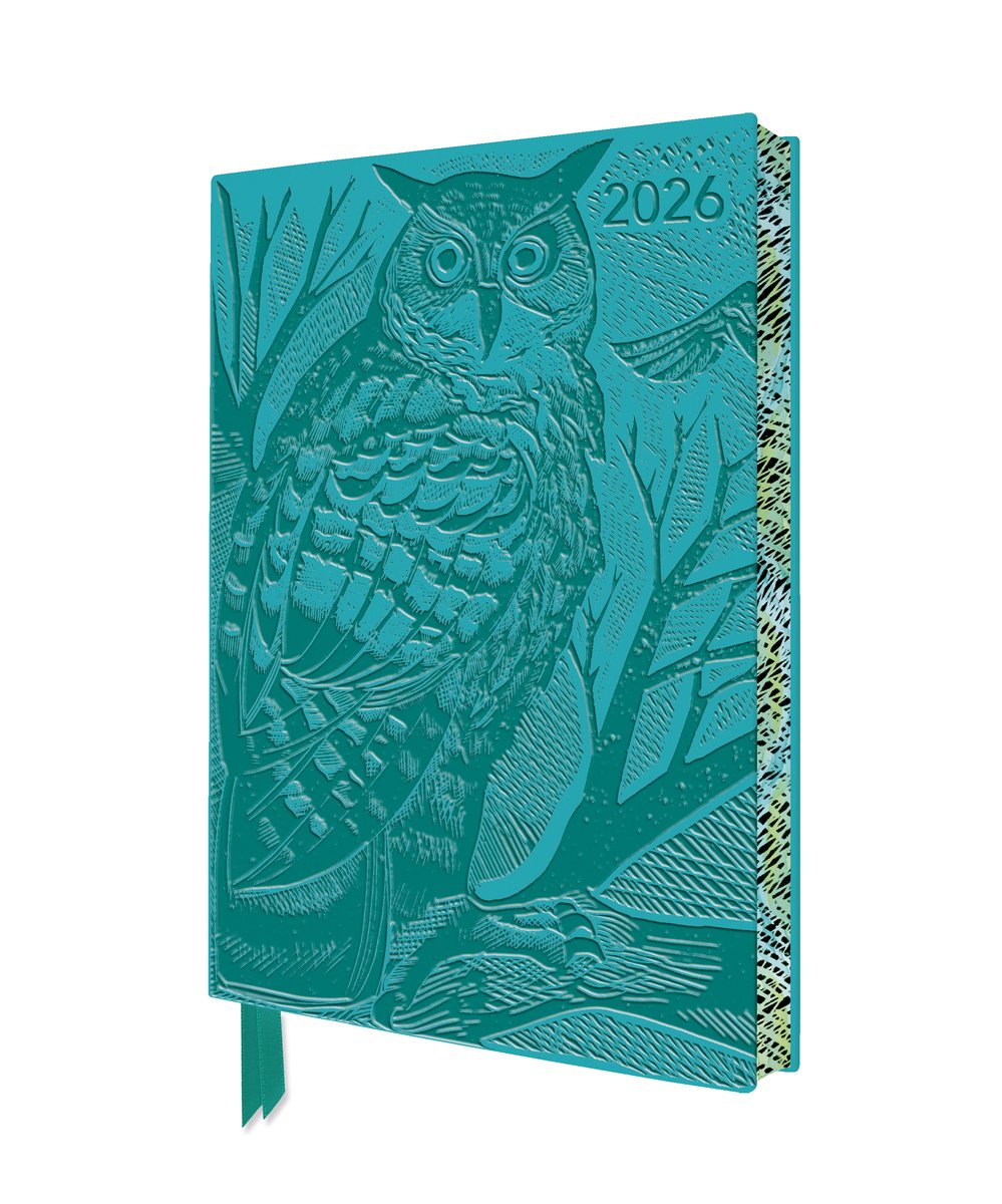 Flame tree angela harding: long eared owl 2026 artisan art vegan leather diary planner - page to view with notes