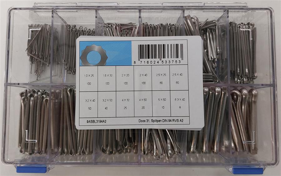 Assortimento di coppiglie d94 in acciaio inox a2