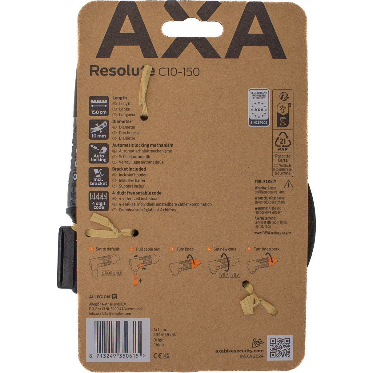 Lucchetto Axa cavo resosolute c10 150 codice (card)