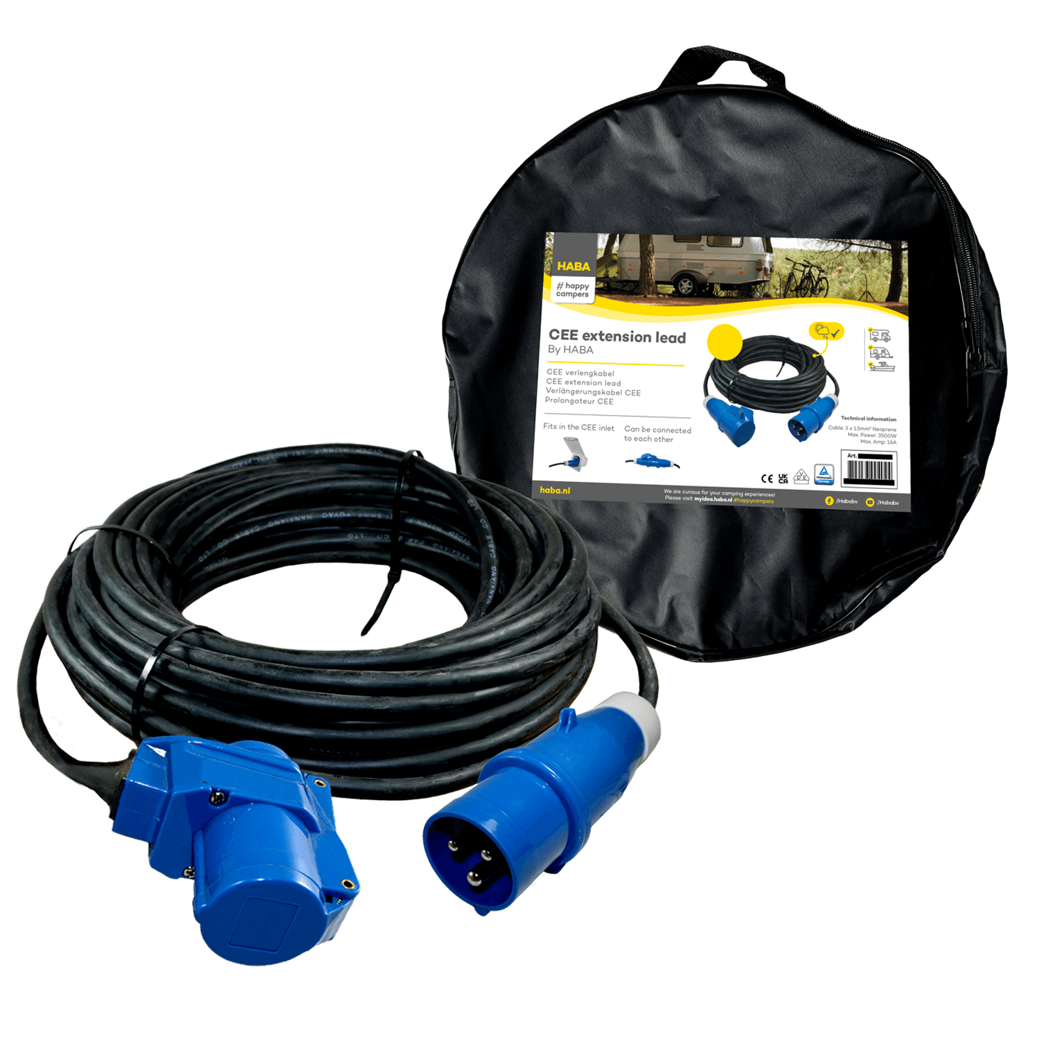 Ngk verleabel 30 meter neopreen 3x 1.5mm² - cee stekker en haakse koppeling - in tas