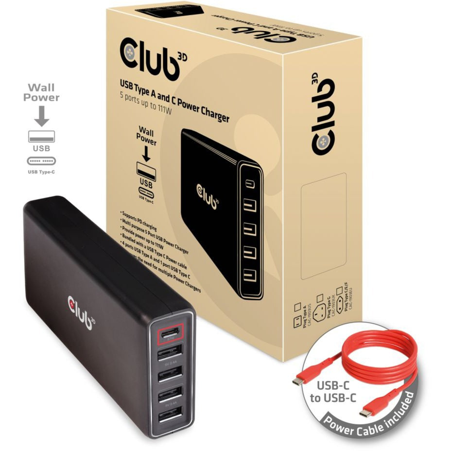Club 3d usb type a and c power charger, 5 ports up to 111w (zwart)