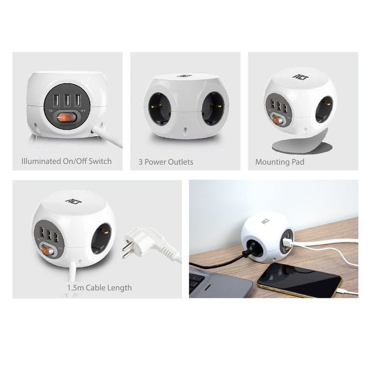 Act vierkante stekkerdoos (pdu) met 3 sockets type f 1,5m