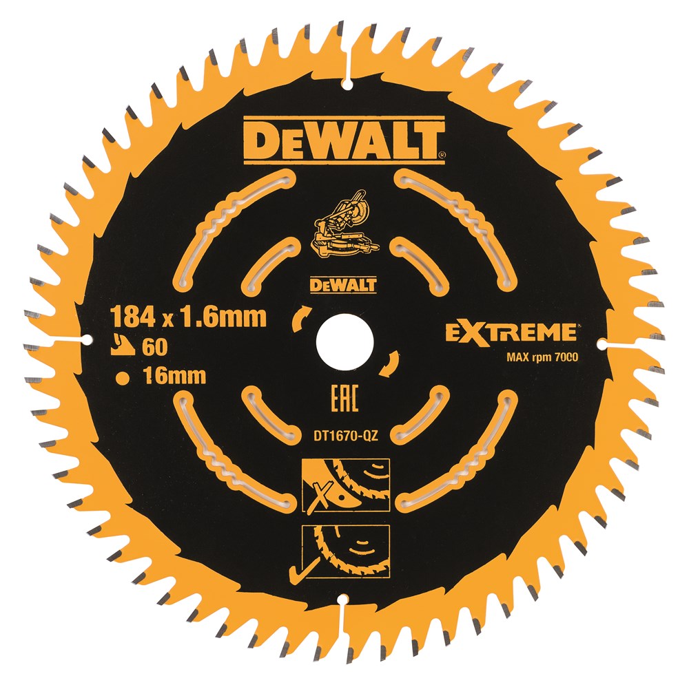 Accesorios Dewalt hoja de sierra circular 184x16x60t, dientes alternos, positivo 7°, muesca 1,65mm - dt1670-qz