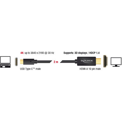 Delock usb-c (male) > hdmi (male) (dp alt mode) kabel (zwart, 2 meter, 4k 30 hz)