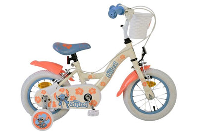 Stich disney stitch kinderfiets - meisjes - 12 inch - twee handremmen - crème koraal blauw