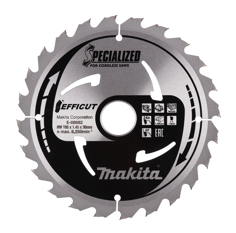 Accesorios makita hoja de sierra circular madera efficut 185x30x1.45 24t 23g - e-08682