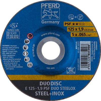 Disco combinado Pferd 125-1.9 dúo de acero inoxidable