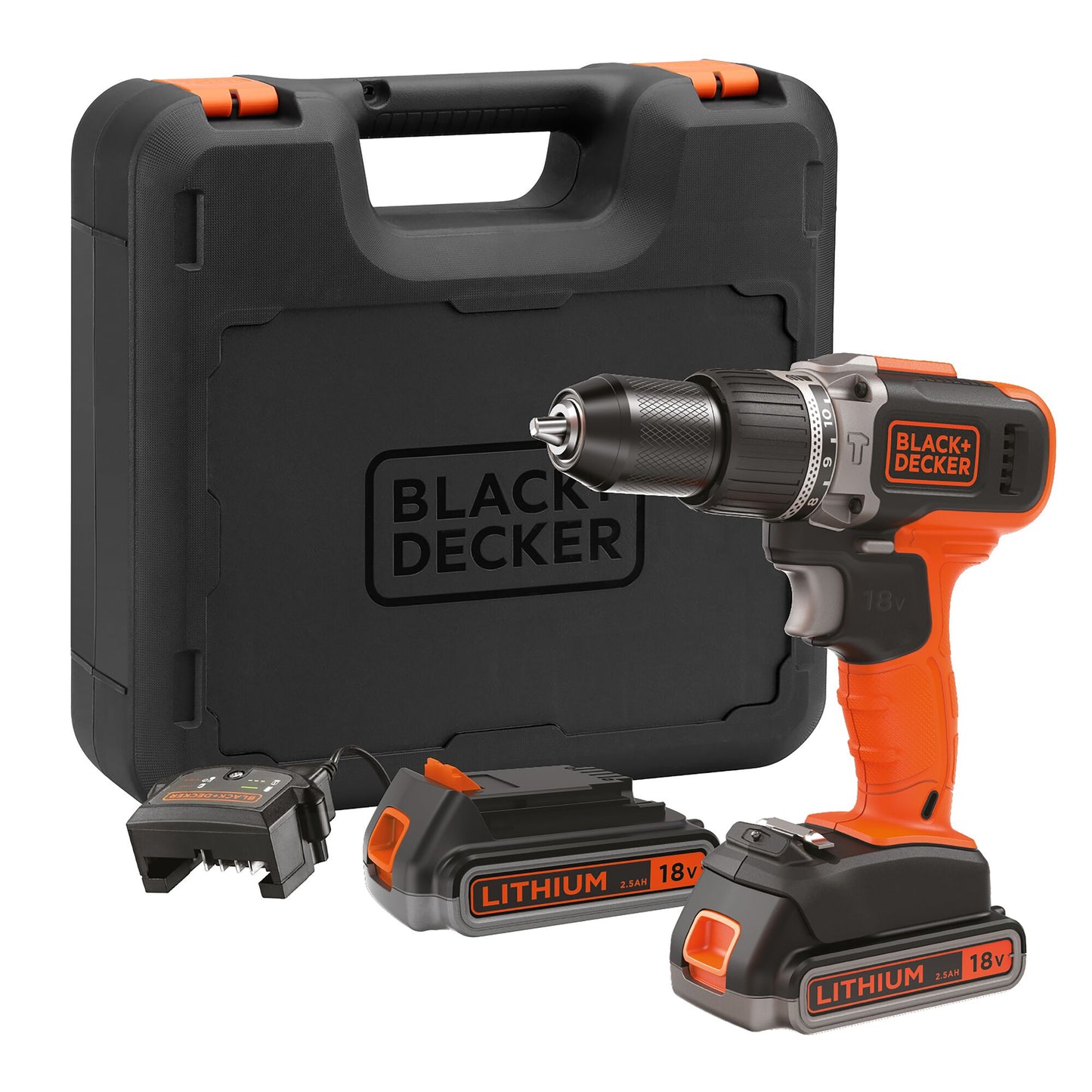 Cacciavite Black+decker bcd003me2k 18v 2x2,5ah in custodia | 2 batterie da 18 V 2,5 Ah | 1a caricabatterie | nel caso - bcd003me2k-qw