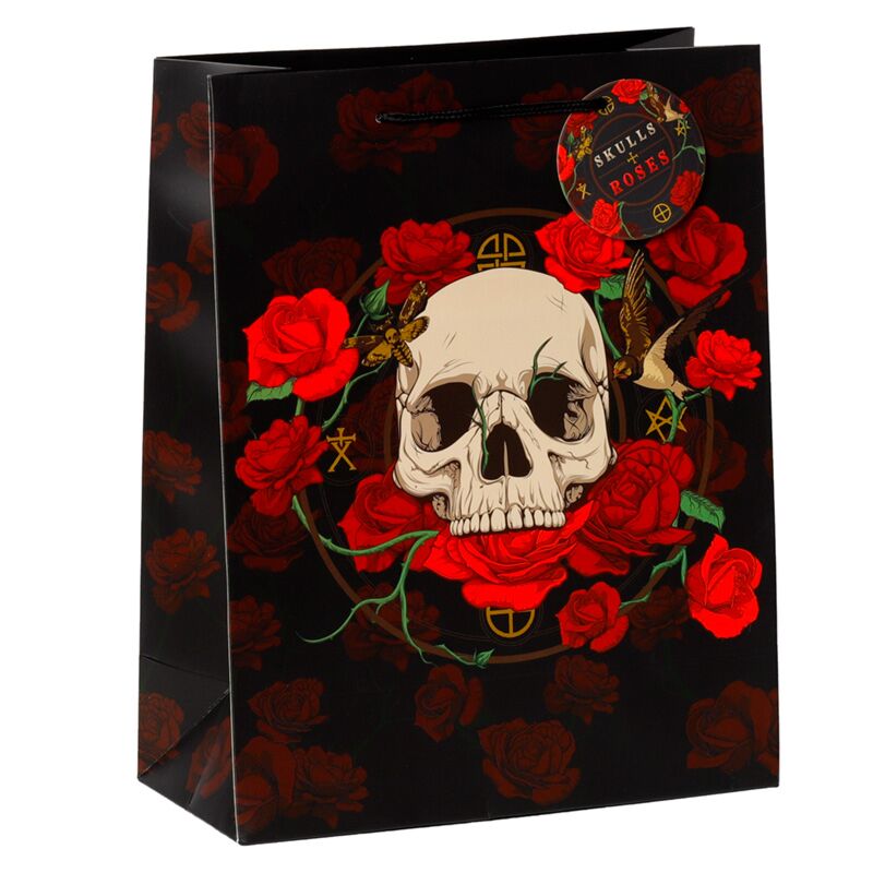 Cráneo y rosas rosas rojas - bolsa de regalo grande
