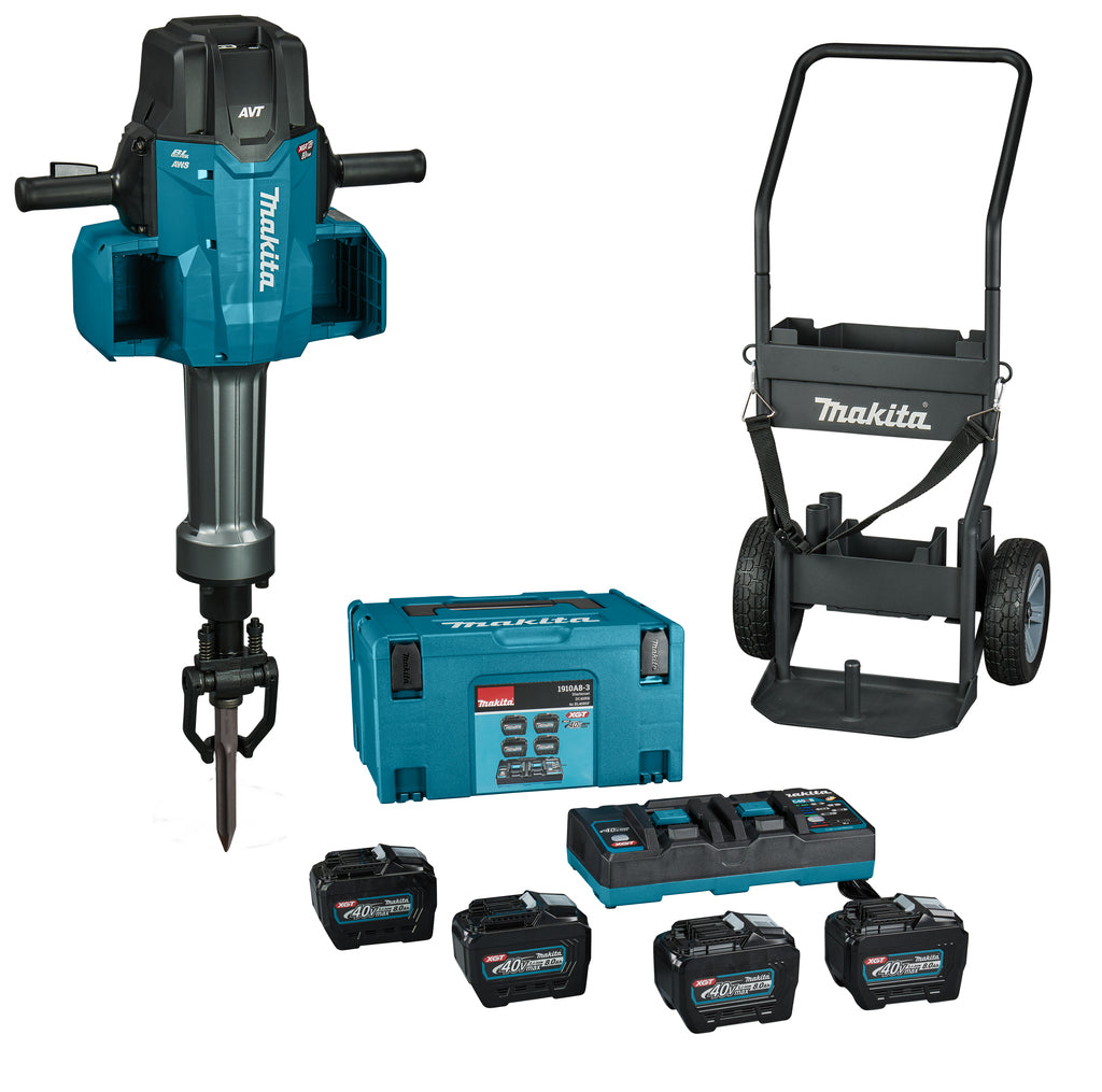 Martillo demoledor makita hm004gl402 xgt 2x40v batería | 72 años | con carro, 4 baterías de 8,0 ah y cargador rápido | en mbox-hm004gl402