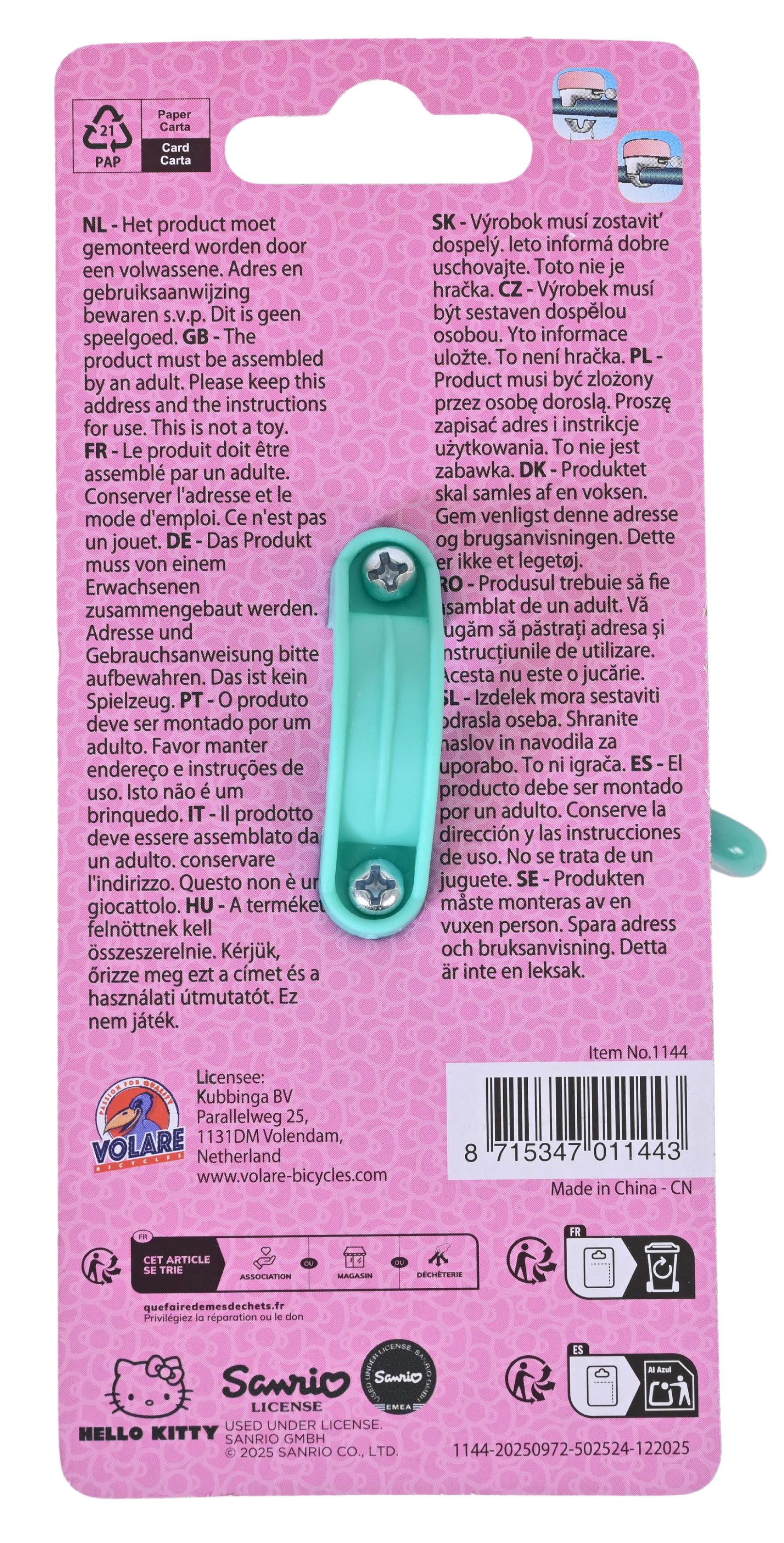 Volare hello kitty fietsbel - meisjes - roze