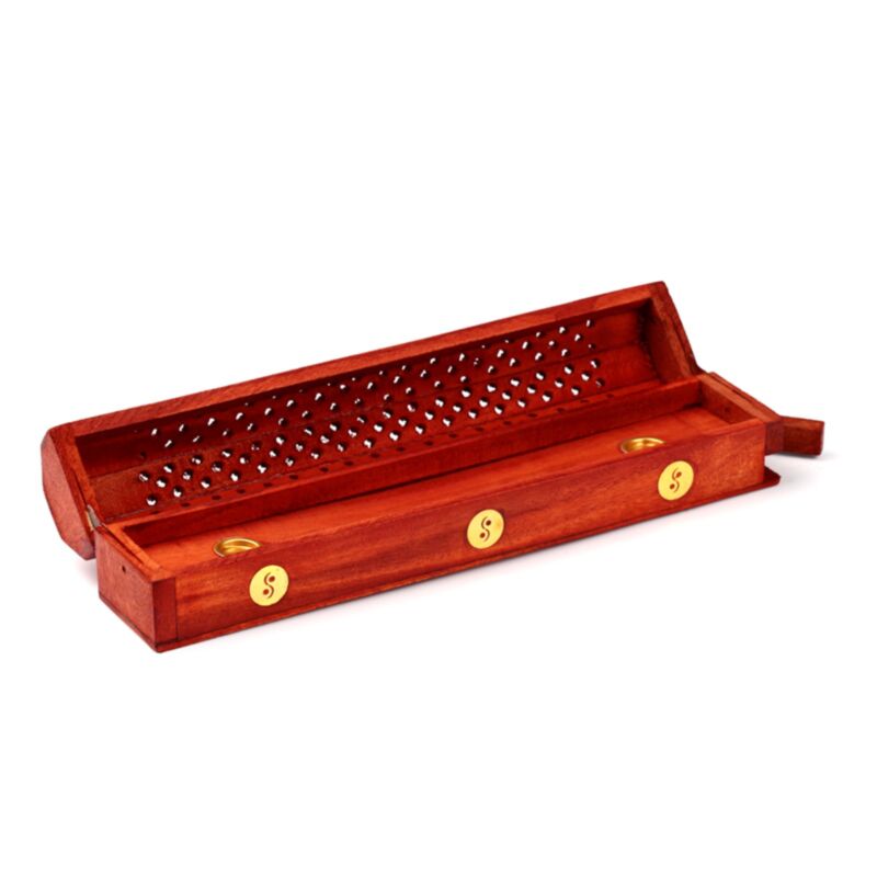 Caja de soporte de incienso de madera de mango yin yang inserción