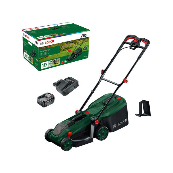 Bosch cortacésped a batería verde rotak 18v-34 | incluido 1 batería de iones de litio de 18 v (4,0 ah) + cargador al18v-44 + enchufe para mantillo - 06008b9n00