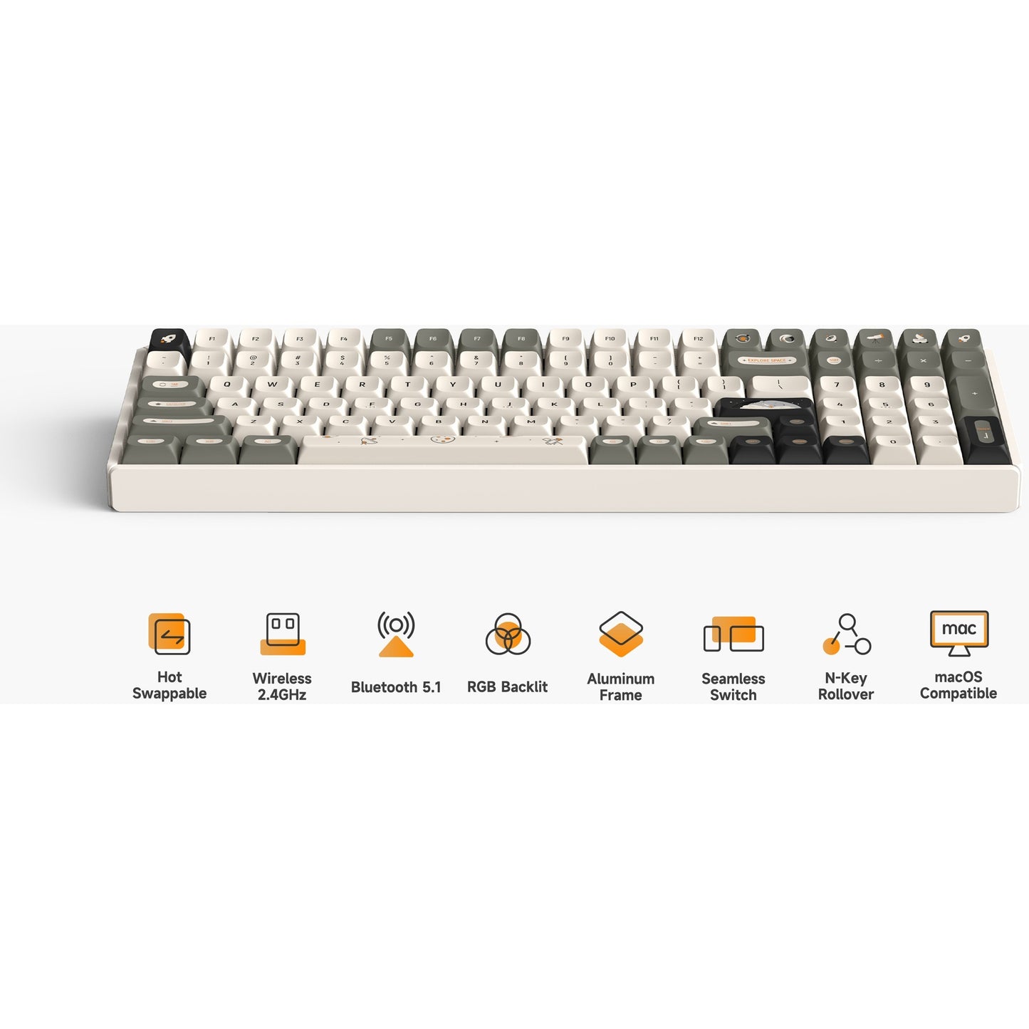 Iqunix f97 hitchhiker wireless mechanical keyboard, gaming toetsenbord (grijs wit, us lay-out, cherry mx brown, rgb leds, 96%, hot-swappable, pbt, 2.4ghz | bluetooth 5.1 | usb-c)