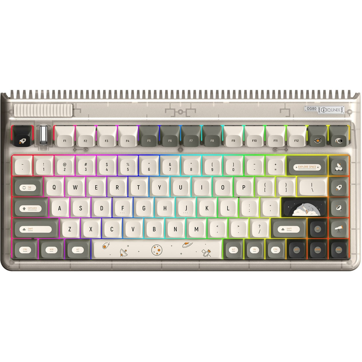 Iqunix og80 hitchhiker wireless mechanical keyboard, gaming toetsenbord (grijs wit, us lay-out, cherry mx silent red, rgb leds, 80% (tkl), hot-swappable, pbt, 2.4ghz | bluetooth 5.1 | usb-c)