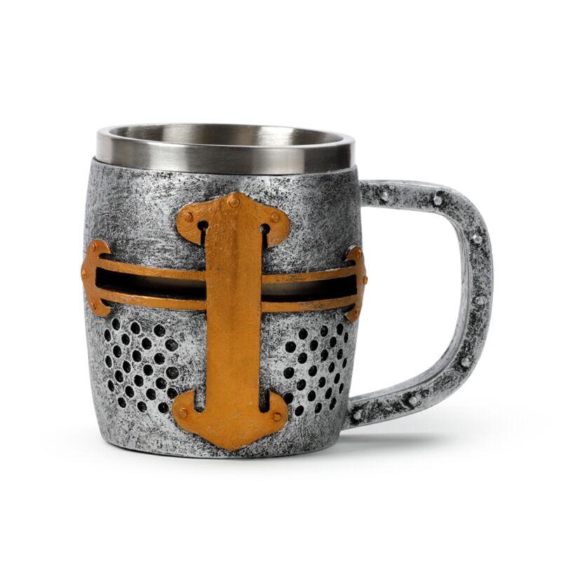 Taza de cerveza decorativa de casco medieval caballero plateado y dorado