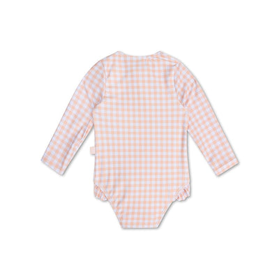 Sunset grid | oranje wit meisjes uv badpak met lange mouwen