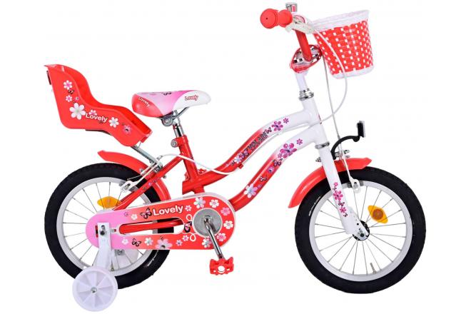 Biciclette per bambini adorabili Volare - Girls - 14 pollici - Bianco rosso - Freni a due mani