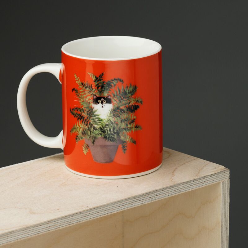 Kim Haskins Cat in Plant Pot Red in porcellana tazza