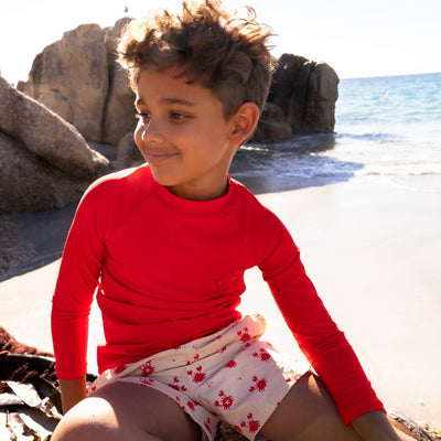 Crabby | beige rood uv zwemshirt met lange mouwen