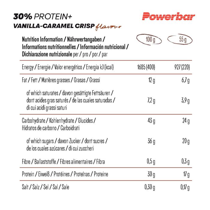 Powerbar 30% proteína+ (15 x 55gr) - crujiente de caramelo y vainilla
