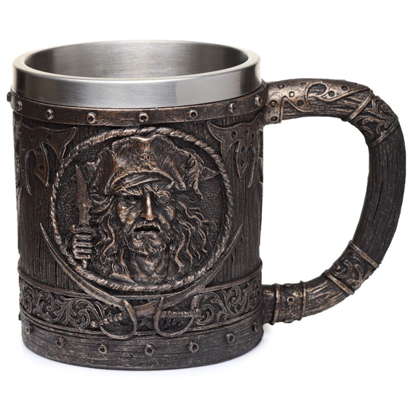 Taza de cerveza pirata decorativa de madera de oro cepillado