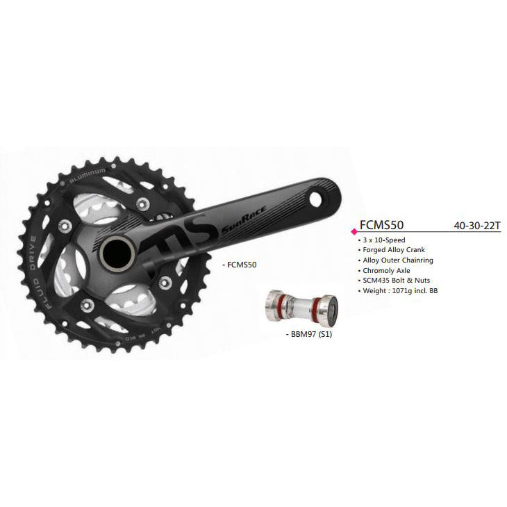 Sunrace crankstel fcms50 10v 40 30 22 175mm +bb-set