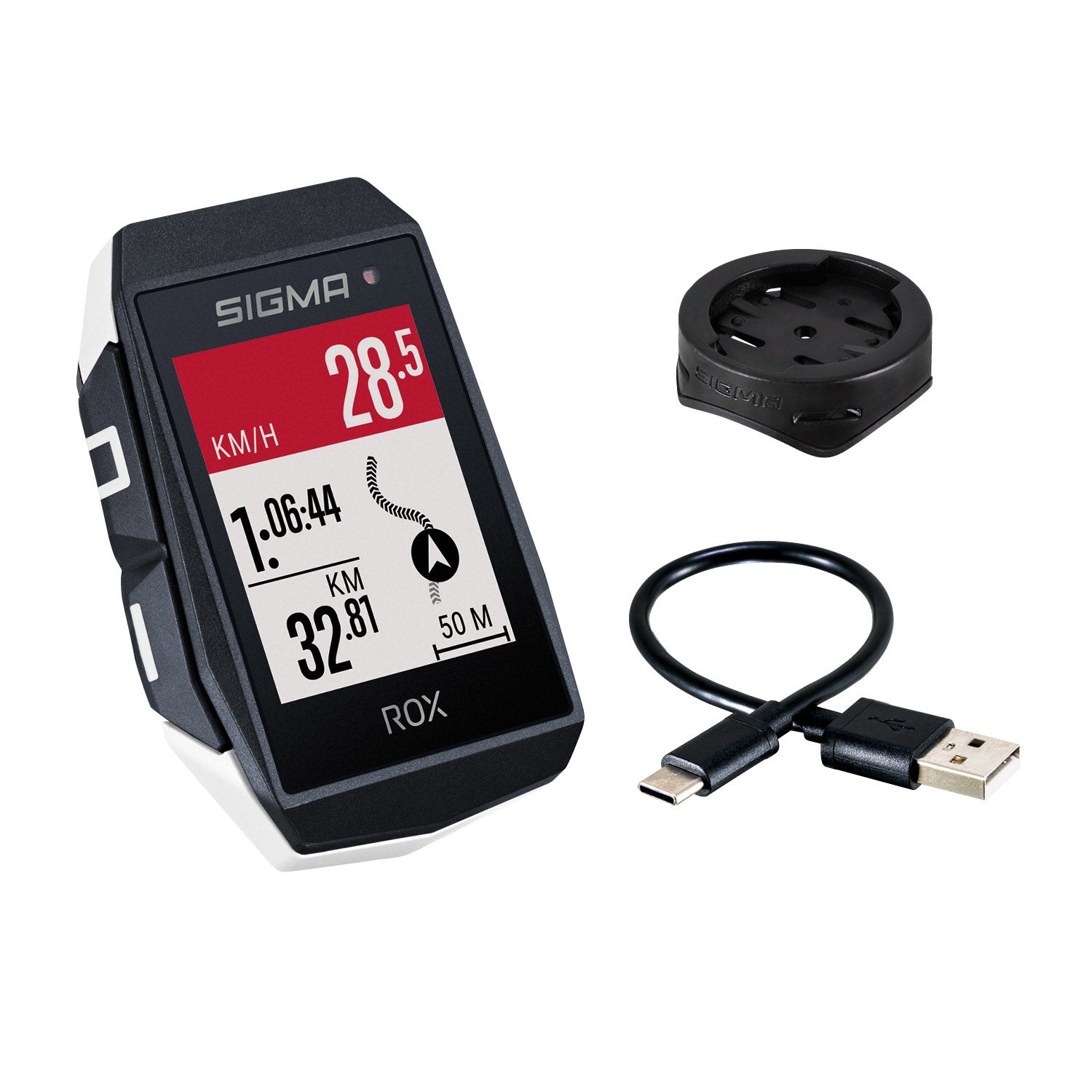Sigma Rox 11.1 EVO GPS Black White standard handlebar holder + USB-C charging cable