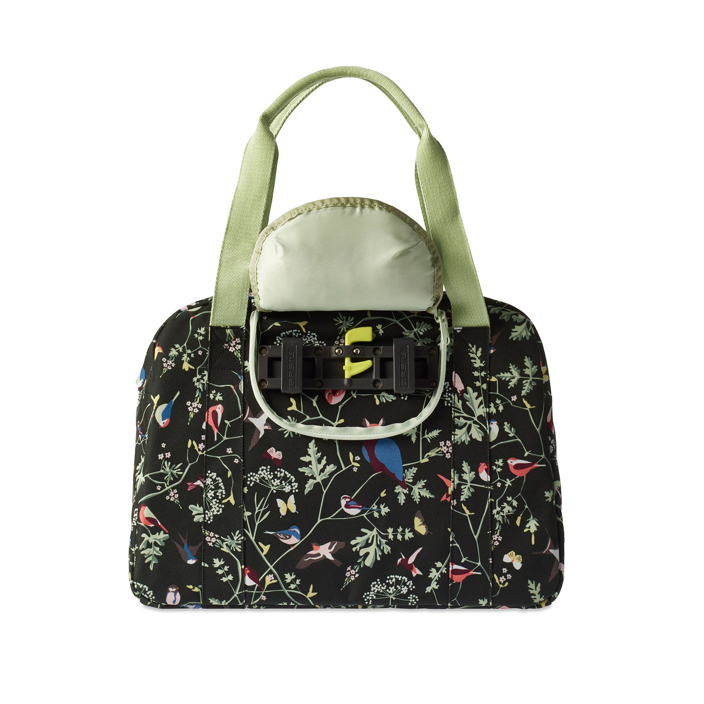 Basil Wanderlust Carry All Bag - Bolso de bicicleta negra con estampado de pájaros coloridos