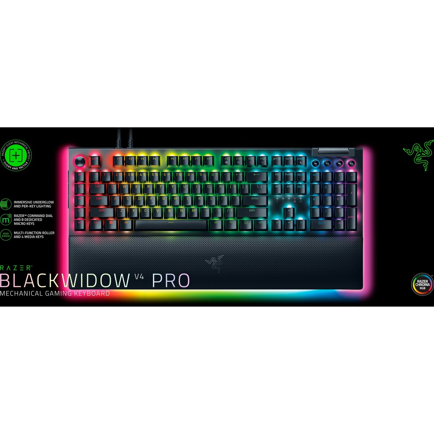 Razer blackwidow v4 pro, gaming toetsenbord (zwart, us lay-out, yellow, rgb leds, doubleshot abs)