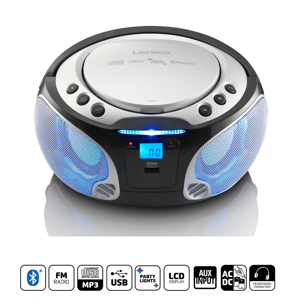 Lenco scd-550si draagbare fm-radio cd mp3 usb bluetooth-speler® met led-verlichting zilver - scd-550si