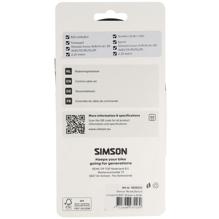 Set cavi freno Simson completo in acciaio inossidabile Shimano Roller Brake nero