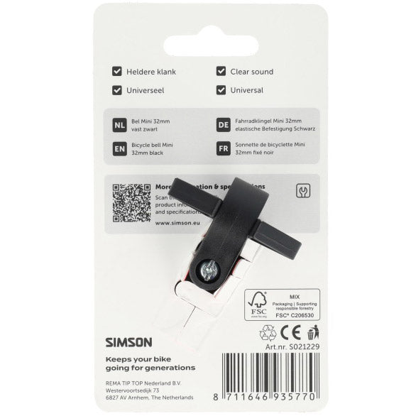 Simson campanello per bicicletta mini 32mm montaggio fisso in plastica nero