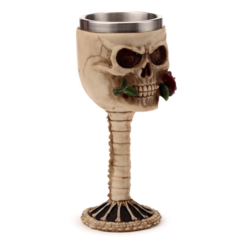 Skull con rosa rossa in bocca calice decorativa