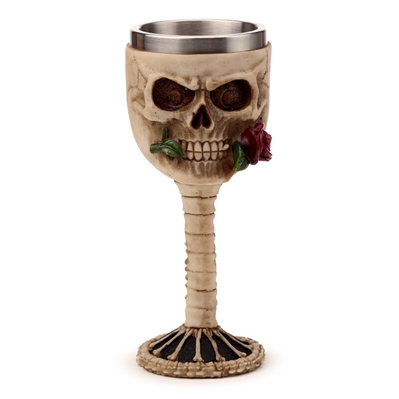 Skull con rosa rossa in bocca calice decorativa