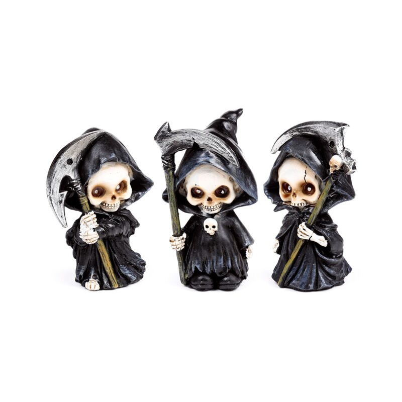 Set de mini calavera reaper de 3 piezas con guadaña