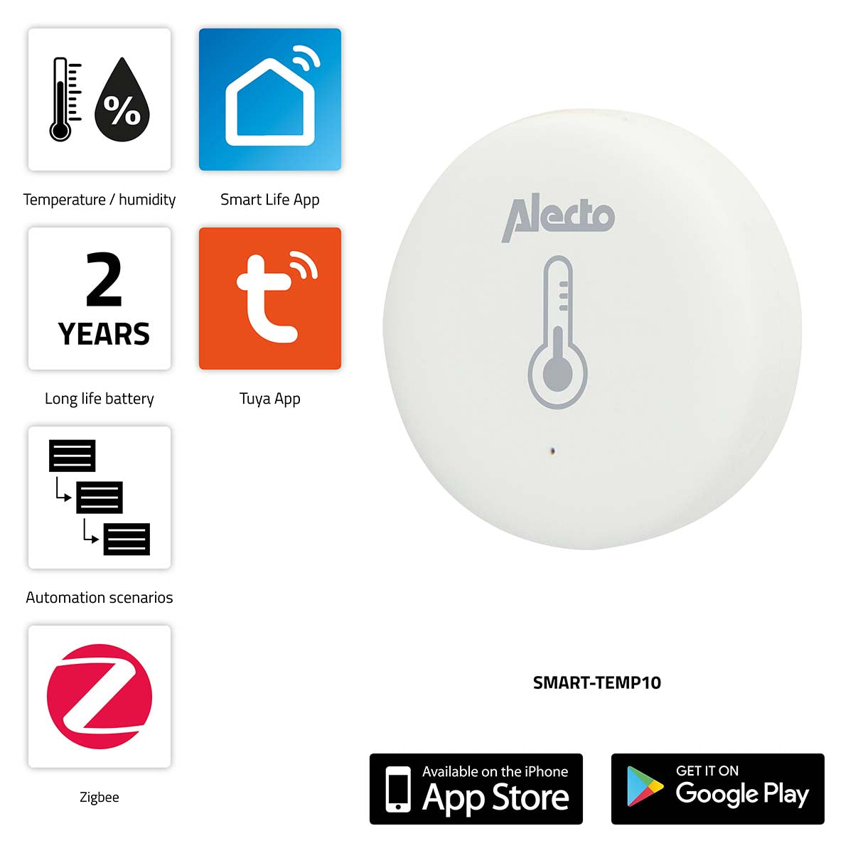 Alecto smart-temp10 sensor inteligente zigbee de temperatura y humedad - smart-temp10