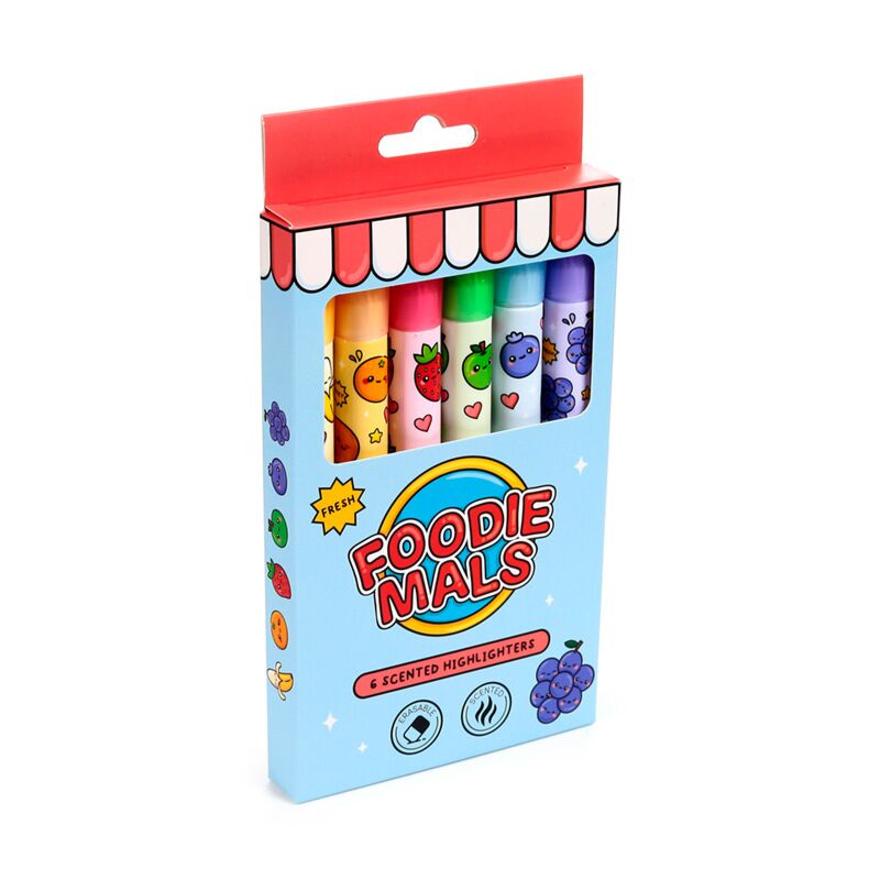 Juego de 6 resaltadores borrables de frutas Foodiemals con tinta perfumada