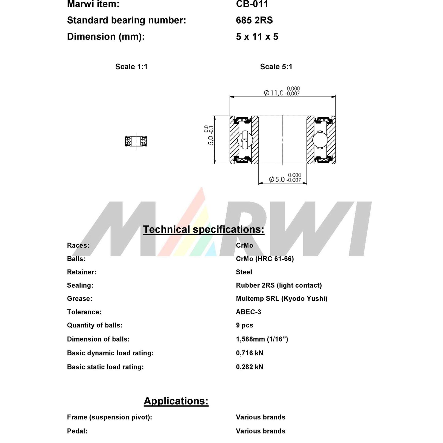Marwi Kogellager CB-011 685 2RS 5x11x5