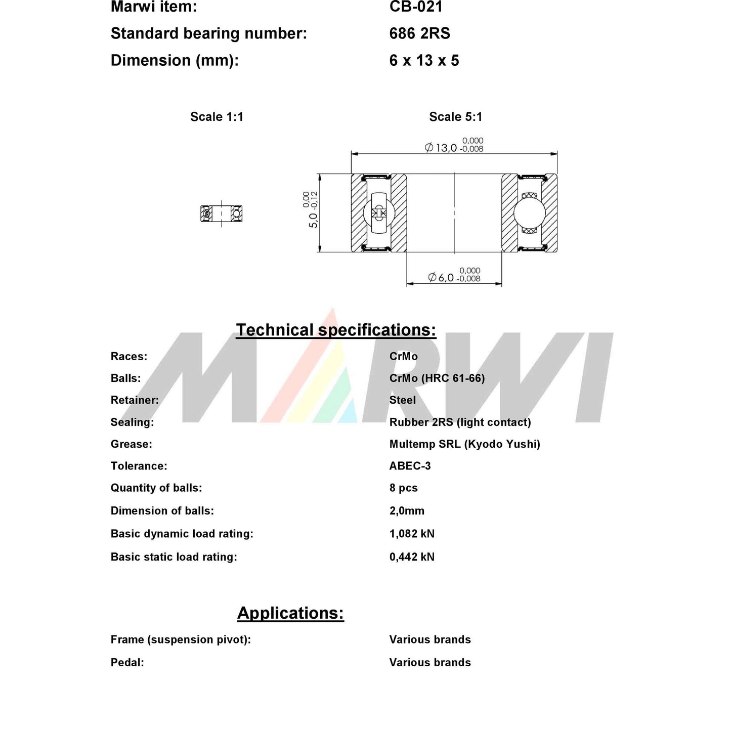 Marwi union kogellager ball bearing union cb-021 6x13x5