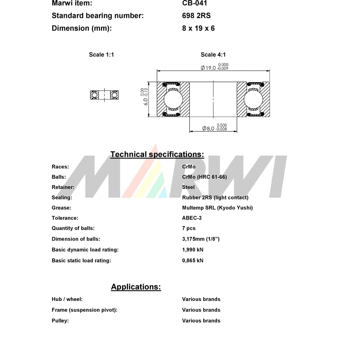 Marwi Kogellager CB-041 698 2RS 8x19x6