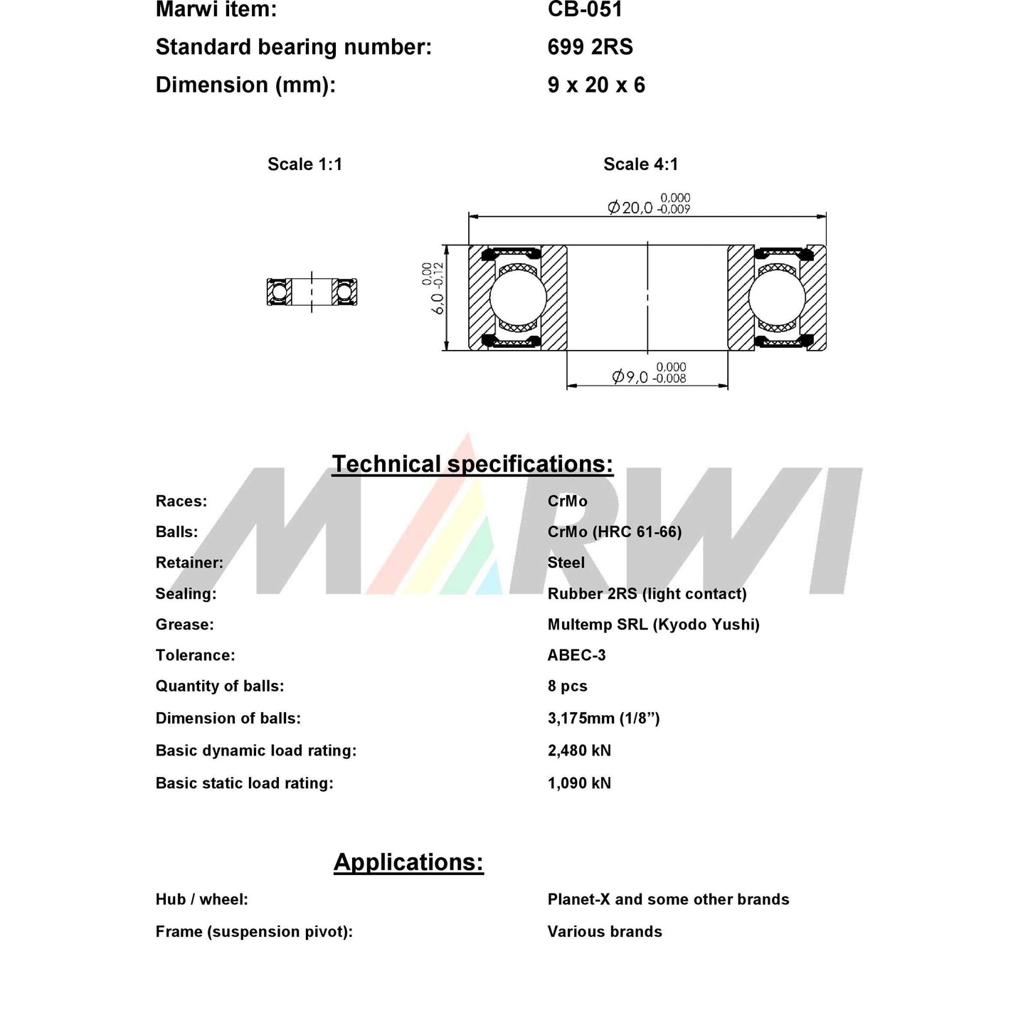 Marwi union kogellager ball bearing union cb-051 9x20x6