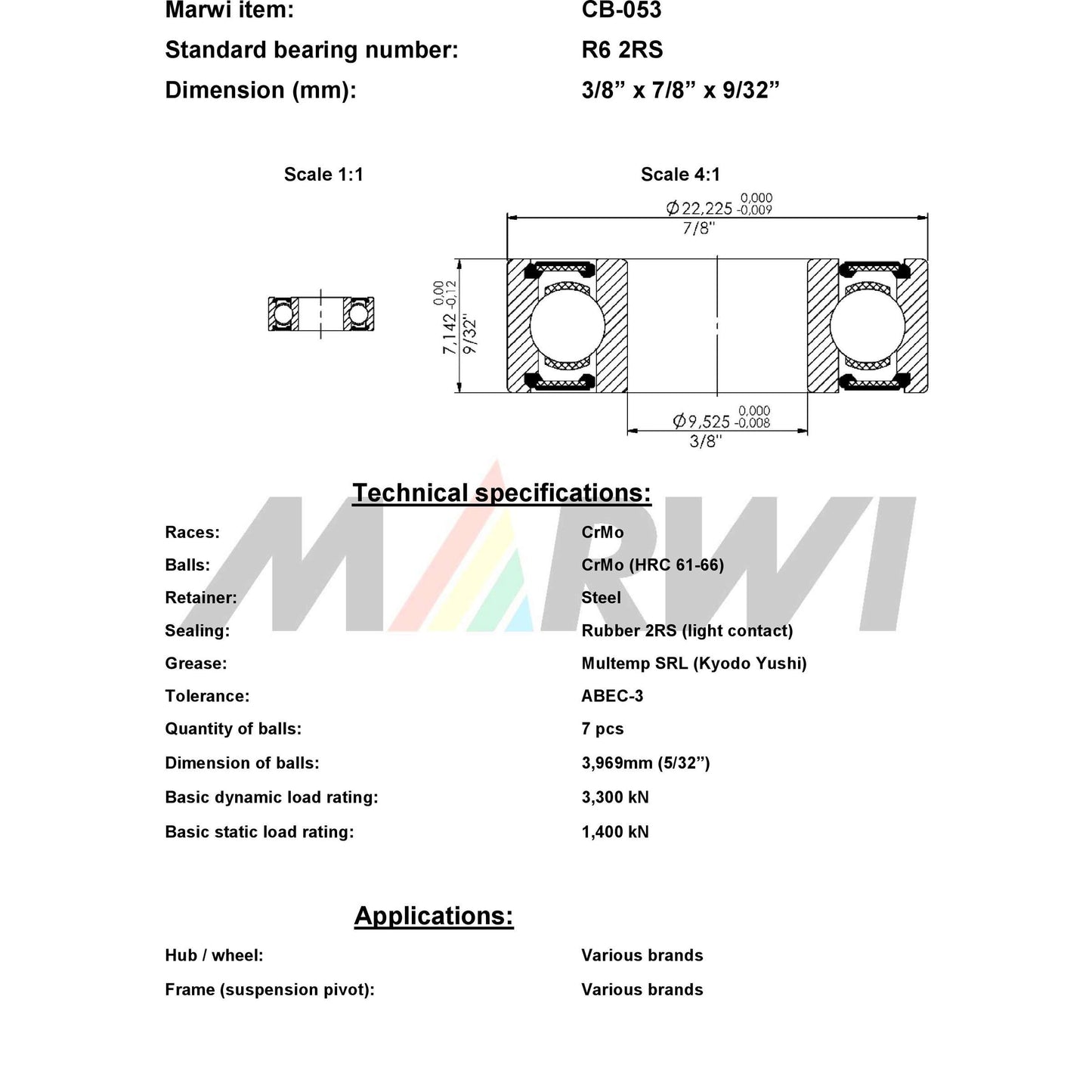 Marwi Kogellager CB-053 R6 2RS 3 8x7 8x 9 32
