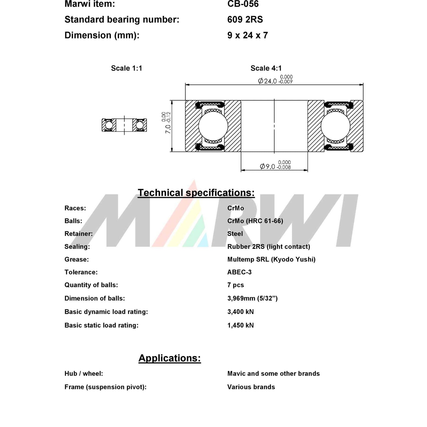Marwi Kogellager CB-056 609 2RS 9x24x7